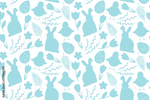 easter seamless pattern with rabbits, baby chickens and floral elements - vector illustration