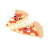 Two Cute slices of pizza with stretchy cheese. Pizza with anthropomorphic face. Italian food. Italian cuisine. Vector illustration