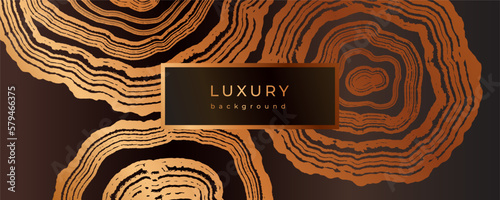 Luxury golden background with wood annual rings texture. Banner with shiny tree ring pattern. Stamp of tree trunk in section. Natural wooden concentric circles. Black and bronze gold background