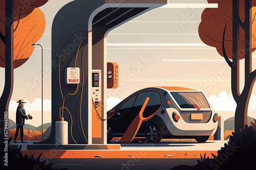 Generative AI illustration of electric car charging the battery respecting the environment © Eduardo Lopez