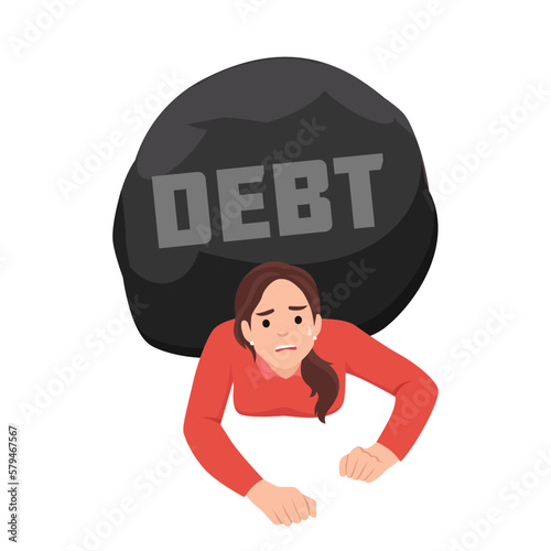 A woman trying to go with a huge weight of debt on her shoulder. Woman crushed by debt. Credit slavery concept