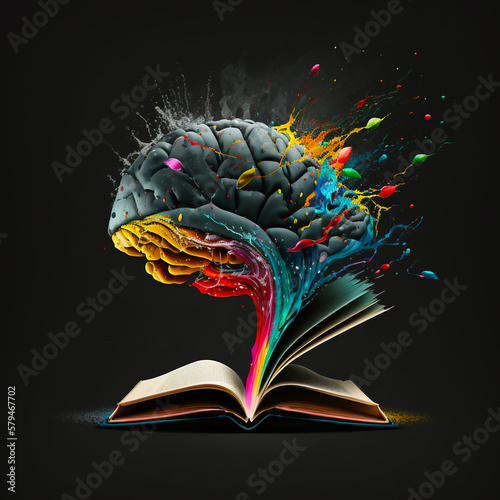 Image of human brain in colorful splashes levitating over an open book. Mental health psychology learning education concept