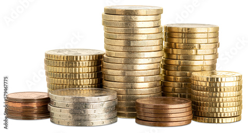 Close up of euro coins stacked isolated photo