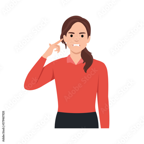 Angry woman covering ears with hands. Girl plugs his ears with his fingers. Fear of loud sounds and unpleasant loud noise. Human emotion concept