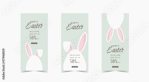 Happy easter sale banner with cute egg bunny design, set of vector illustration