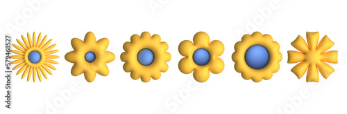 Plastic 3D flower set. Cute realistic daisy stickers with plasticine effect. Minimal colorful illustration