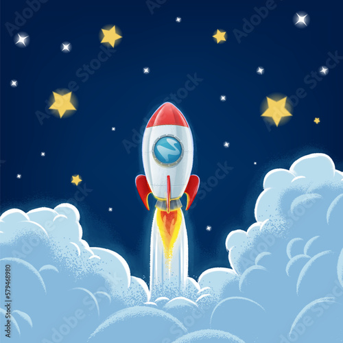 space rocket illustration with smoke trail and stars