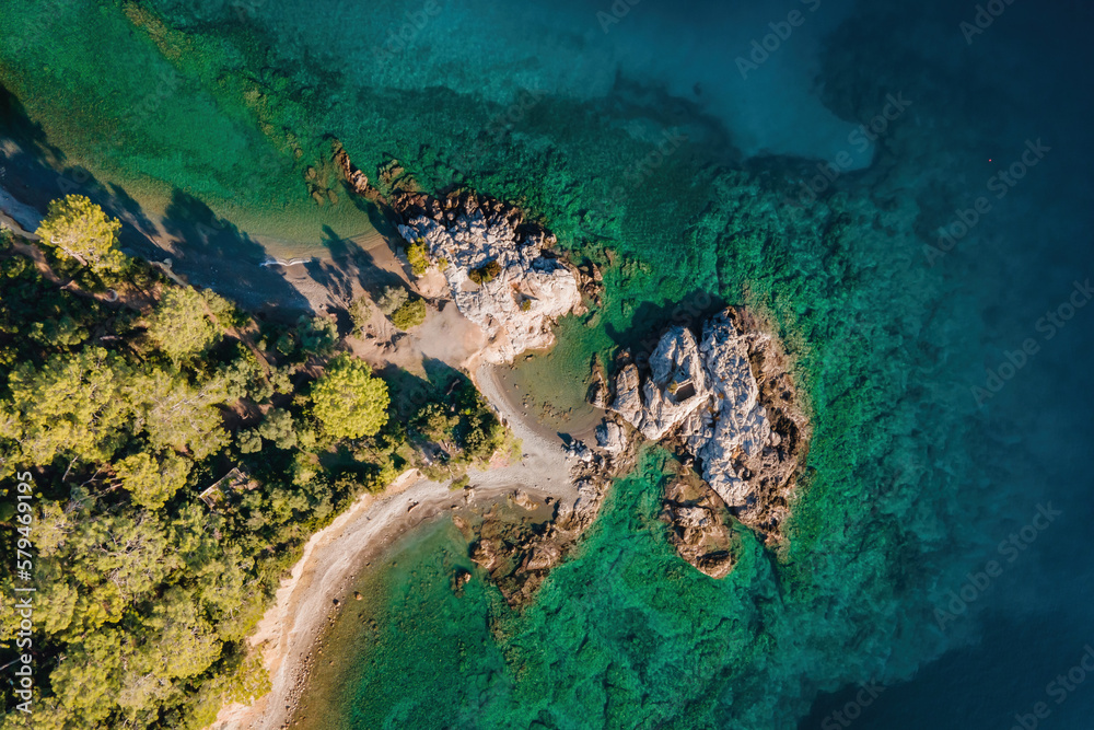 Rocky shore of Aegean sea, aerial top down view