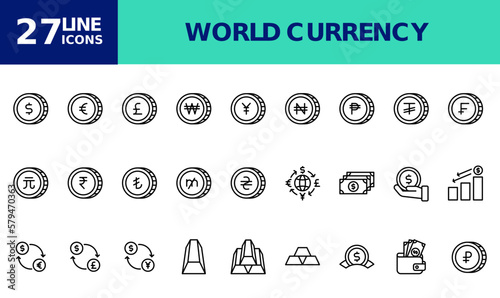 Icon Pack World Currency, Money, Finance. editable file and color.