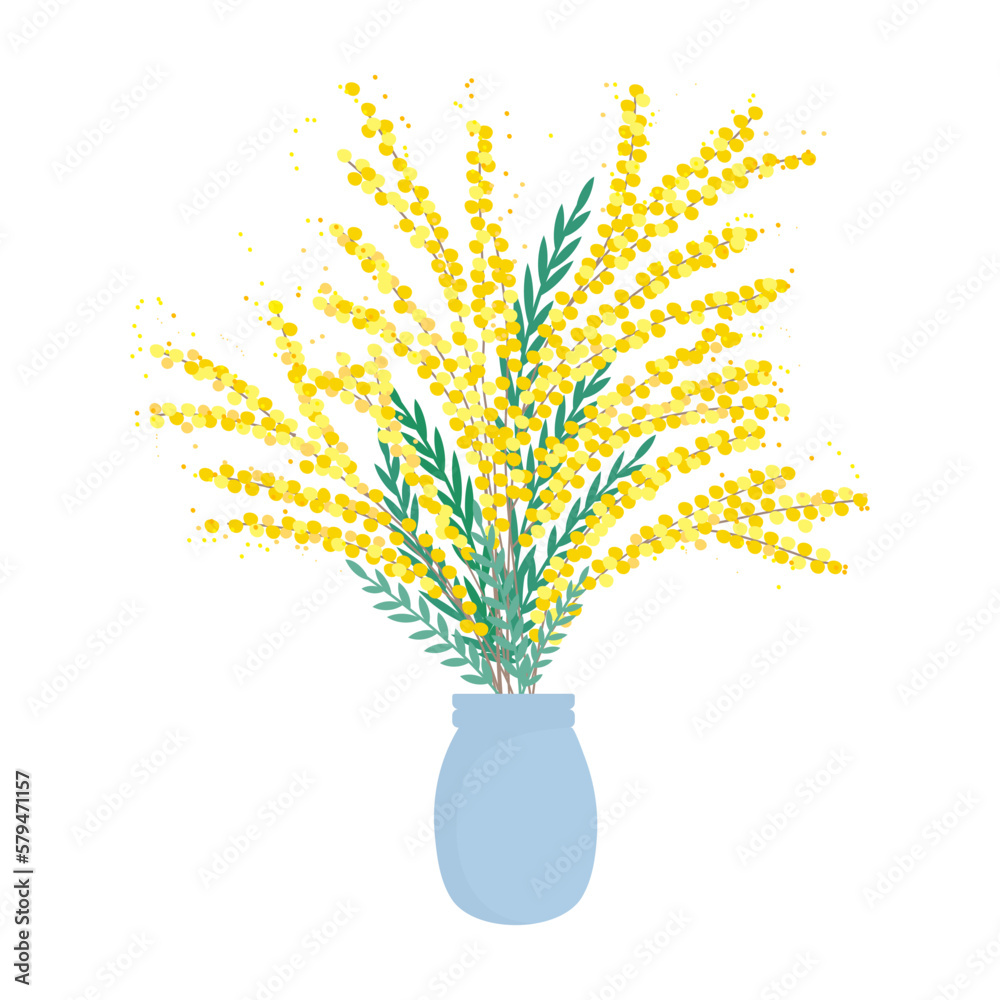 Mimosa flowers in a vase. Yellow flowers with leaves. Spring flowers. Floral composition. Vector illustration on a white background