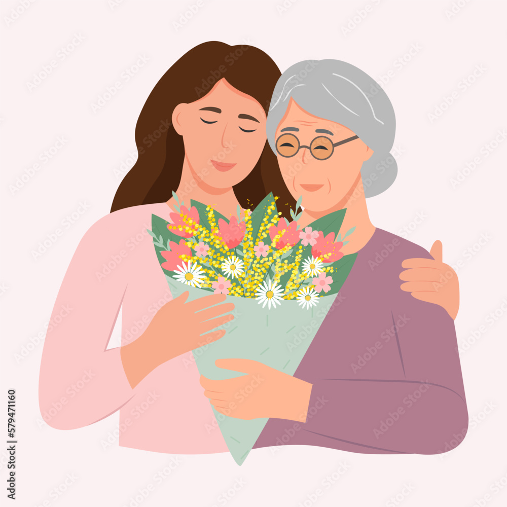 Happy woman hugging her old mother with love. Mother and daughter. Mothers day . Friendly family relationship. Vector flat illustration Happy woman hugging her old mother with love. Mother and daughter. Mothers day . Friendly family relationship. Vector flat illustration