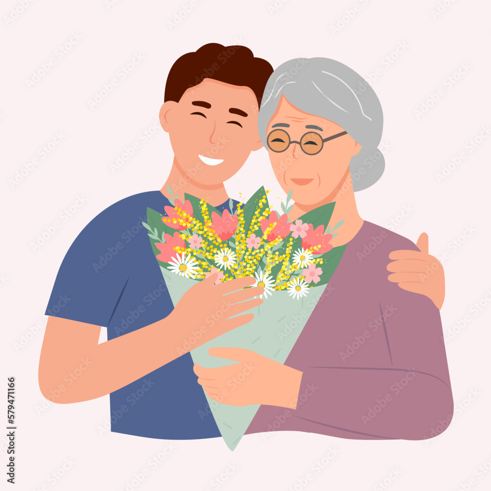 Smiling man hugging her old mother with love. Mother and son. Mothers day . Friendly family relationship. Vector flat illustration Smiling man hugging her old mother with love. Mother and son. Mothers day . Friendly family relationship. Vector flat illustration