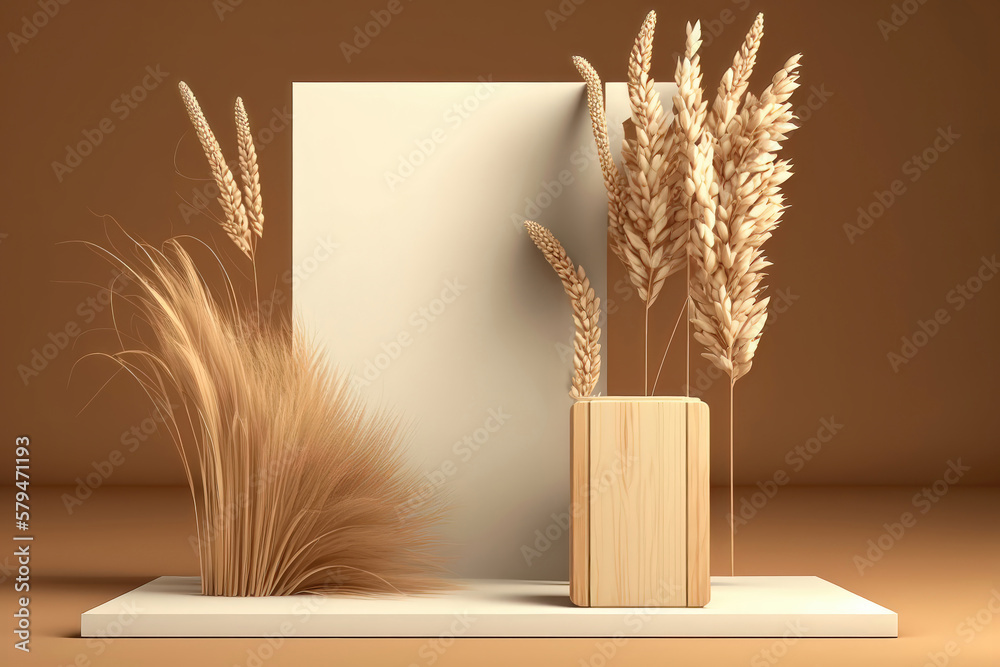 Podium wood display on beige background and dry plant . AI generation