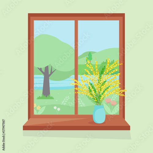 Spring window with view, Mimosa flowers in a vase. Yellow flowers with leaves. Cozy vector illustration in flat style