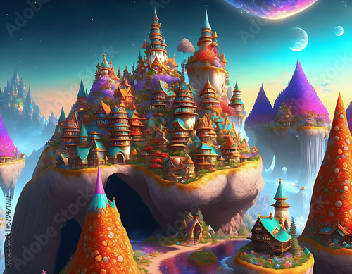 Steampunk fantasy colorful city in the sky. Generative AI photo