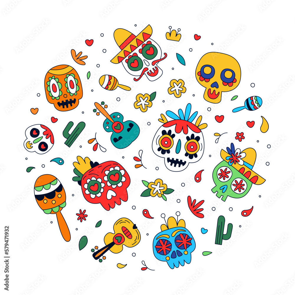 Sugar skull with floral ornament seamless pattern in circular shape. Day of the dead Mexican festival background, banner, party poster design hand drawn vector