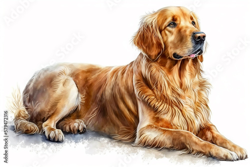 Golden retriever dog portrait with watercolors.White isolated background.Created with generative ai
