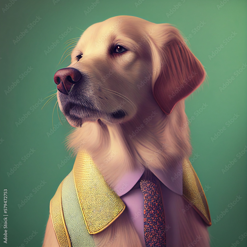 Realistic lifelike golden retriever dog puppy doggy in retro vintage ...