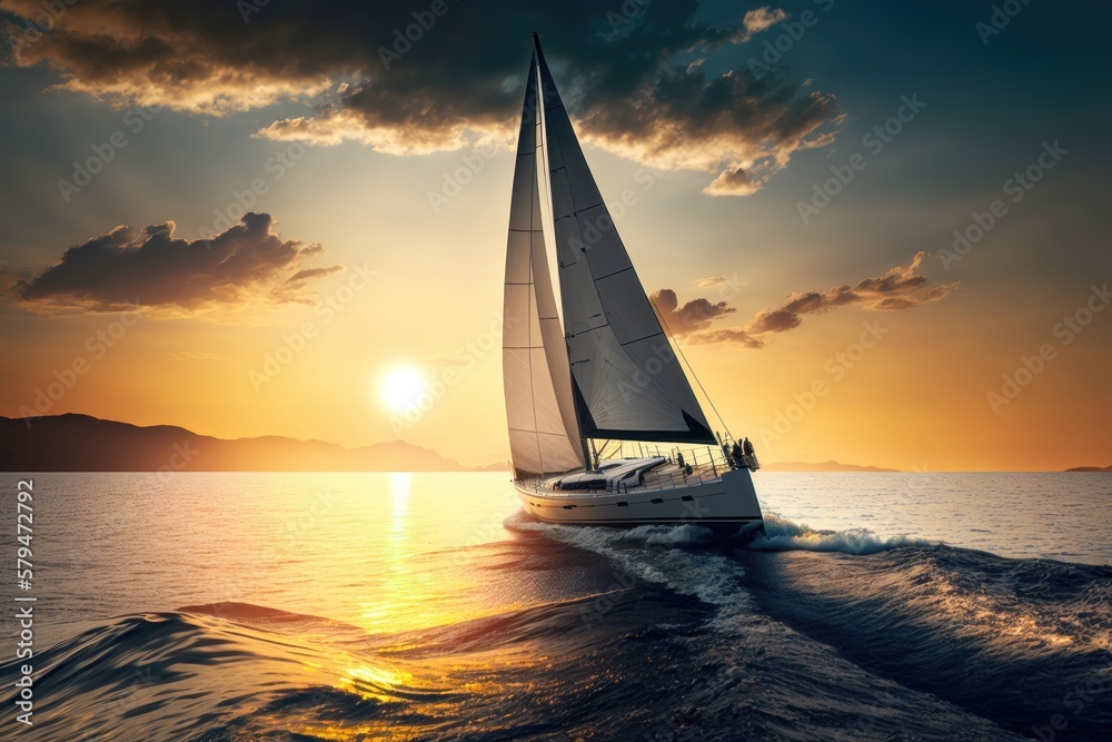 Yacht sailing towards the sunset. AI Generation