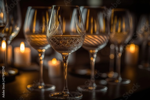 Many glasses of different wine in a row on bar counter. AI Generation