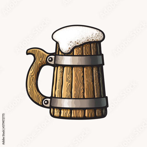 Old wooden beer mug with foam. Vector illustration isolated on white background.