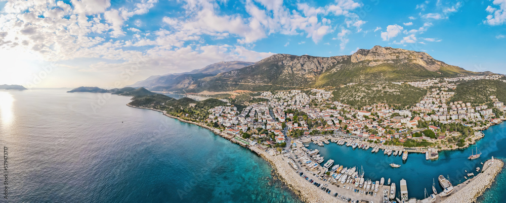 Kas beautiful small town on mediterranean coast in turkey, aerial wide panorama