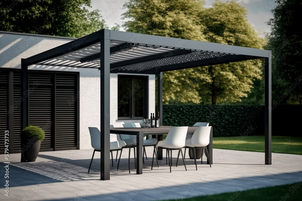 Modern patio furniture includes a pergola shade structure, an awning, a patio roof, a dining table, seats, and a metal grill	 - obrazy, fototapety, plakaty 