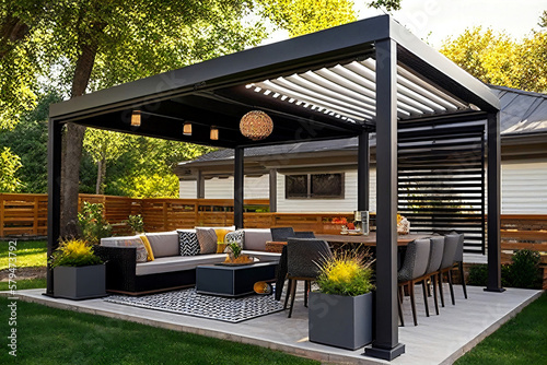 Photo Modern patio furniture includes a pergola shade structure, an awning, a patio roof, a dining table, seats, and a metal grill