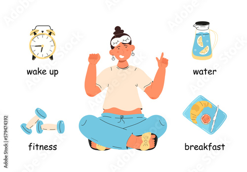 Routine day tips infographic vector. Waking up, having breakfast in the morning, gfitness.