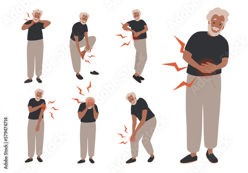 Set Old, elder Black man suffering from various type of pain. Health Problem, Disease Symptoms and Unhealthy Body Sickness. Cartoon flat vector Illustration
