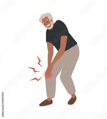 Old, elder black Man suffering from leg pain. Health Problem, Disease Symptoms and Unhealthy Body Sickness