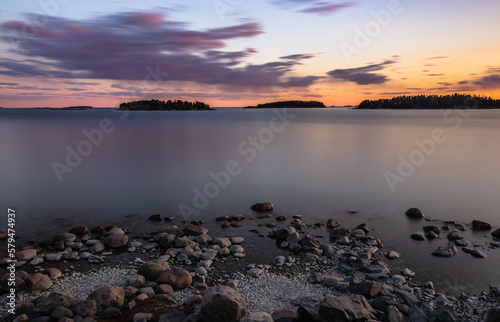 Twilight over the sea with long exposure time. Landscapes, Scandinavia, Finland.