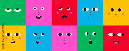 Funny people face mood expression emotion. Colorful doodle character set, modern cartoon avatars. Vector flat illustration