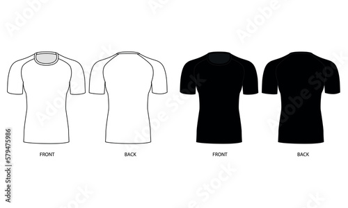Set of vector drawings men's sports t-shirt, front and back view. Basic T-shirt template with short sleeves and round neck. Short sleeve jersey pattern for men.