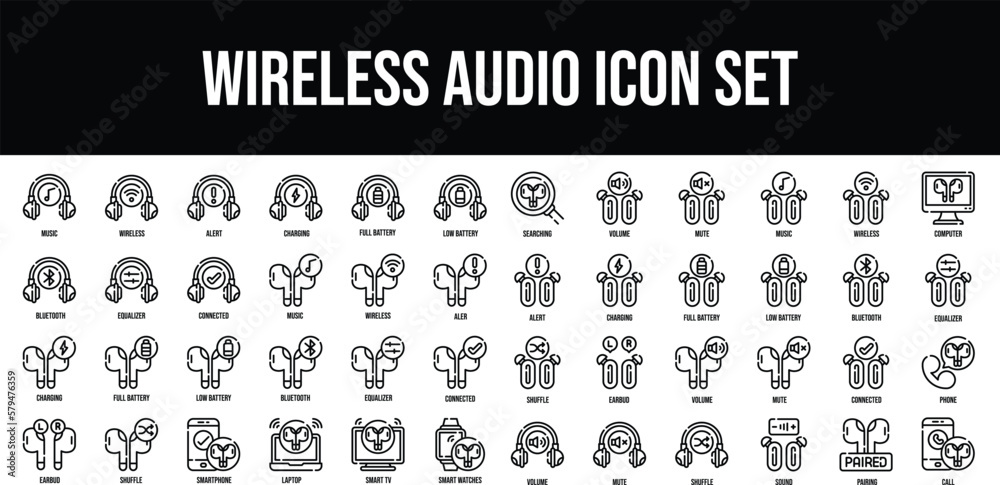 Wireless Audio stroke outline icons set 