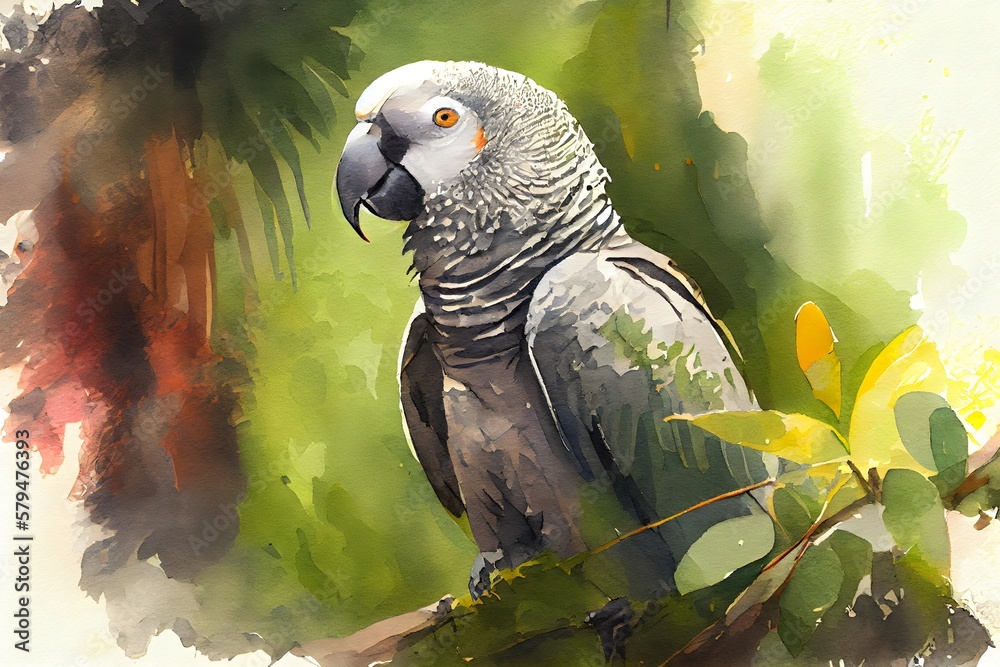 Fototapeta premium african grey gray parrot in the jungle watercolor generative ai 