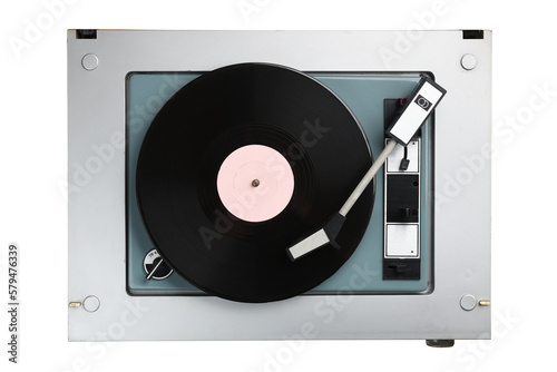 Vintage turntable with radio tuner isolated on white background