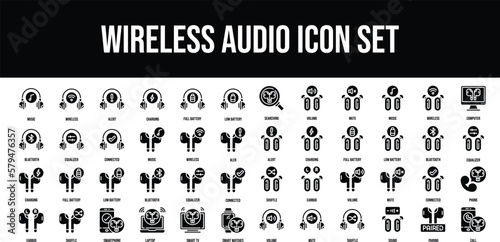 Wireless Audio Glyph stroke outline icons set 