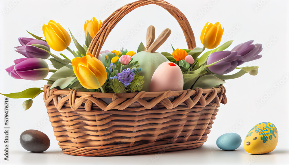 Easter Floral Extravaganza: Vibrant Tulips and Festive Eggs in a Basket - ai generated