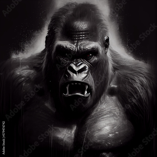Angry Gorilla Screams. Digital Painting. T-shirt or poster design. Generative Ai. © ckybe