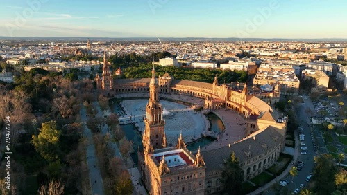 4k Aerial view of Plaza de Espana at sunrise in Seville, Spain. Evening view of Maria Luisa Park photo