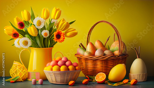 Easter Basket Delight: Tulips, Eggs, and Springtime Blooms - ai generated