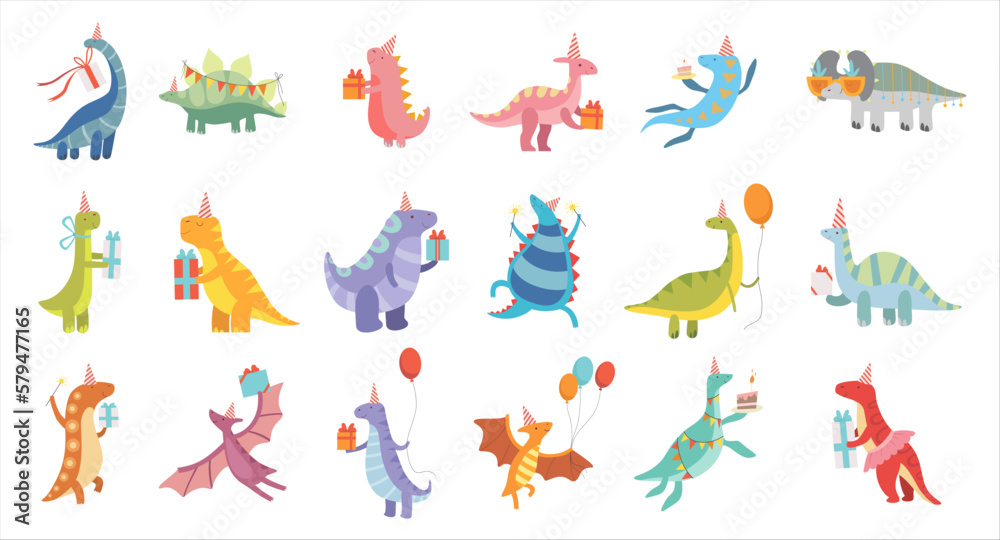 Cute dinosaurs celebrating birthday set. Adorable prehistoric animals with present boxes and inflatable balloons cartoon vector Illustration Cute dinosaurs celebrating birthday set. Adorable prehistoric animals with present boxes and inflatable balloons cartoon vector Illustration