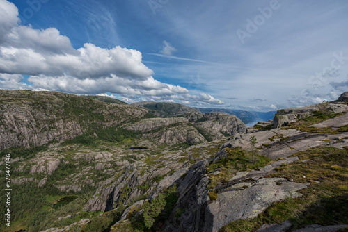 Norway Landscape. Close To Preikestolen Sightseeing Place. Mountains, Blue Sky.