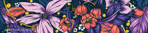 Pop Art illustration Floral and plant pattern with colorful flowers and tropical leaves on dark background