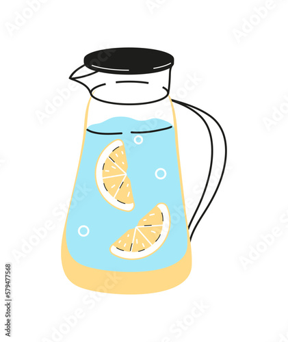 Lemon water vector illustrtion in doodle style. Jug with cold lemonade. Refresh summer drinks with citrus pieces