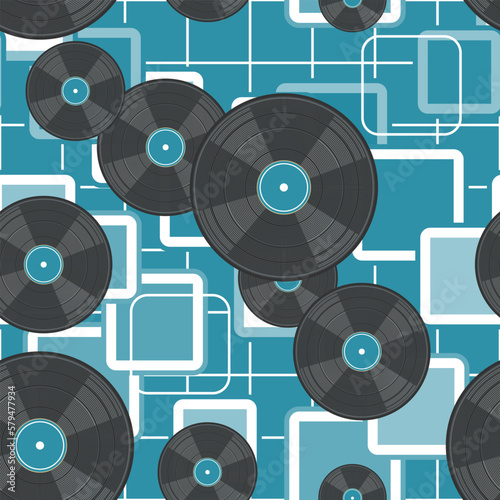 Seamless pattern with randomly arranged vinyl records and abstract background. Vector illustration