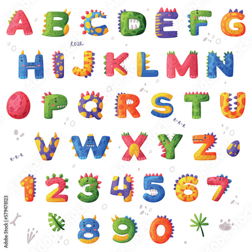 Dinosaur alphabet letters and numbers. Dino font. Abc for kids, nursery, birthday party design cartoon vector illustration