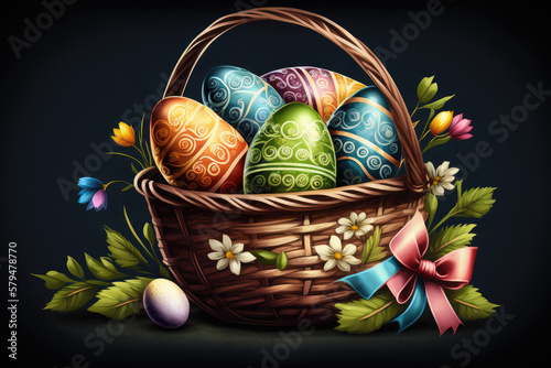 Easter eggs in basket illustration created using generative AI.