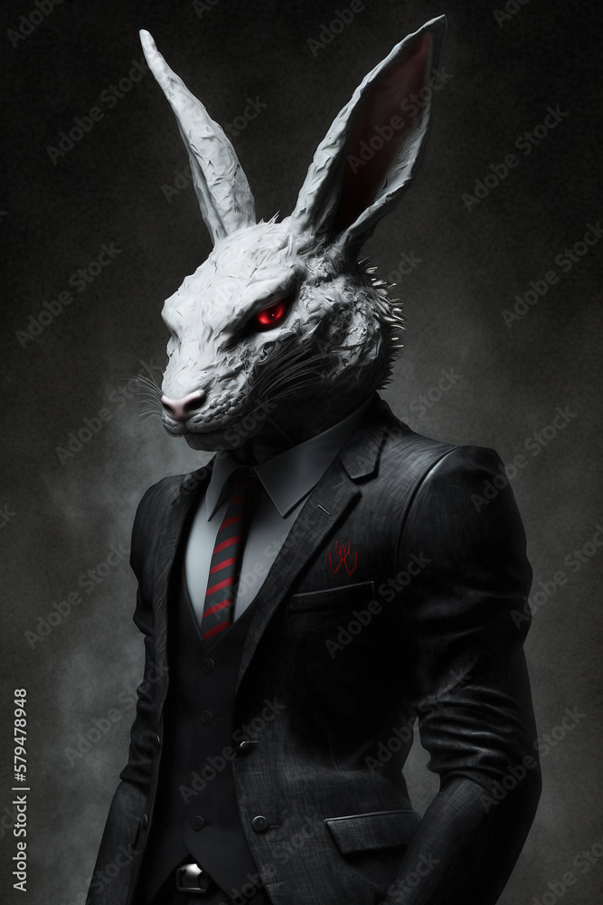 ภาพประกอบสต็อก anthro white rabbit, red eyes, evil face, black business ...